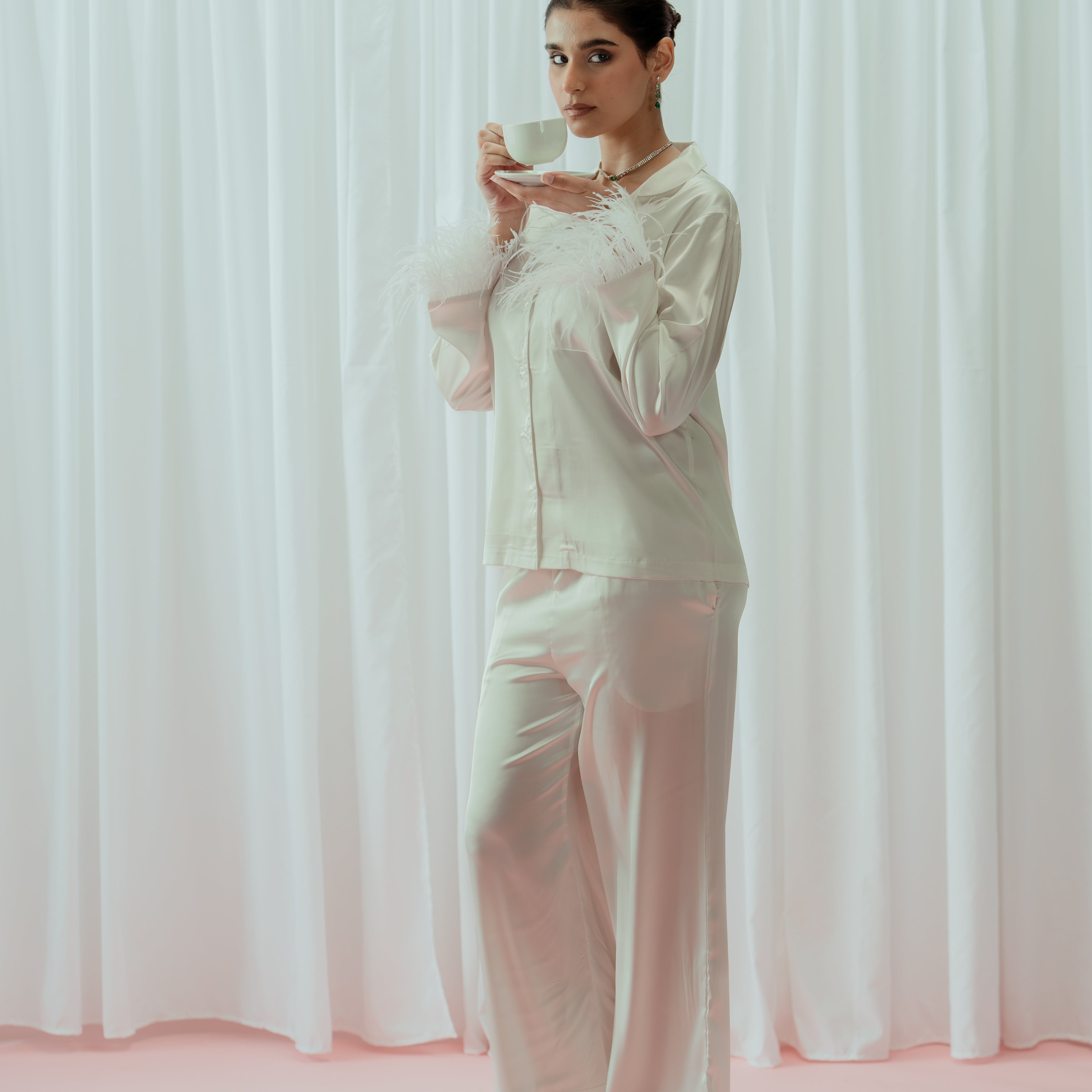 Green Feather Glazed Satin Long Pajama Set