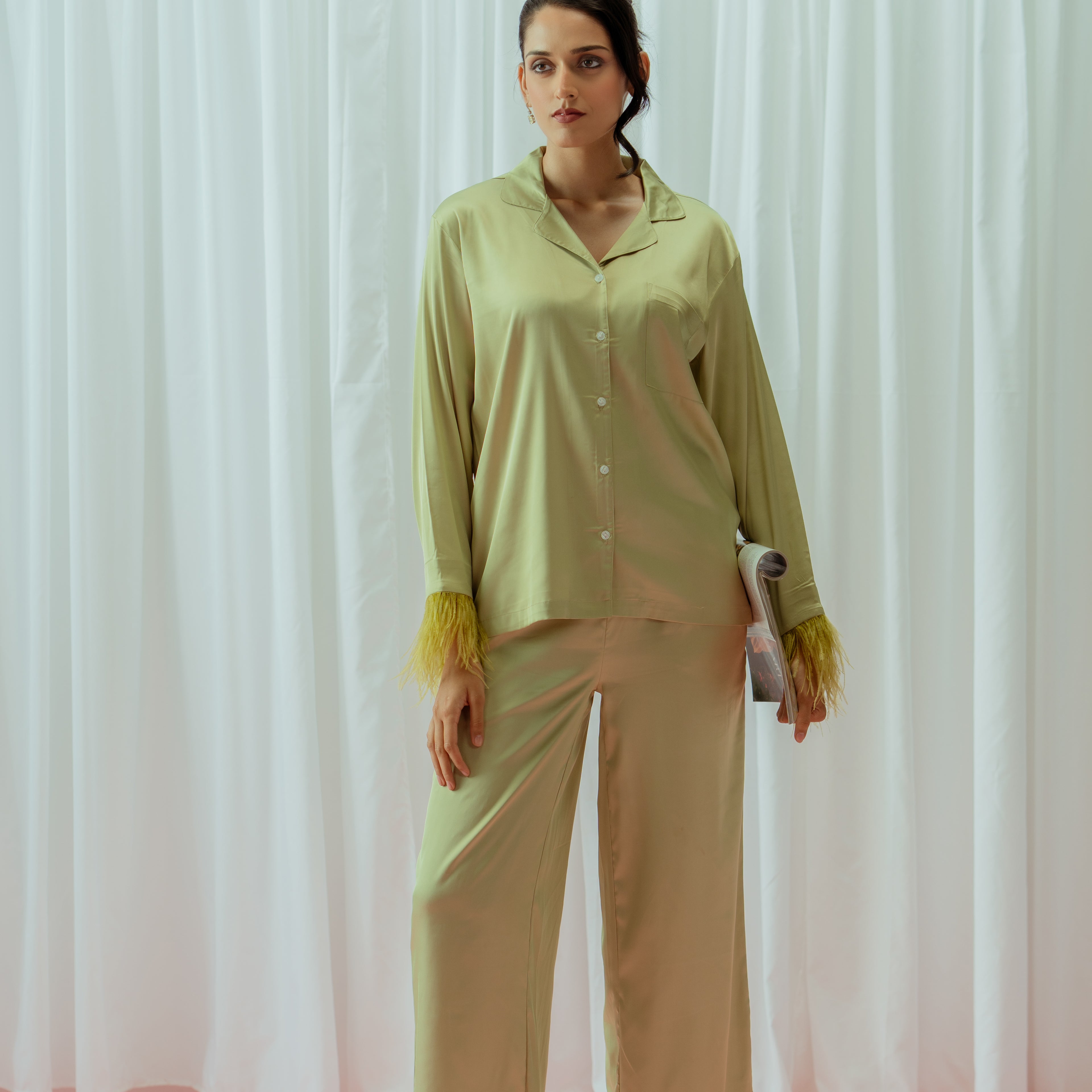 Green Feather Glazed Satin Long Pajama Set