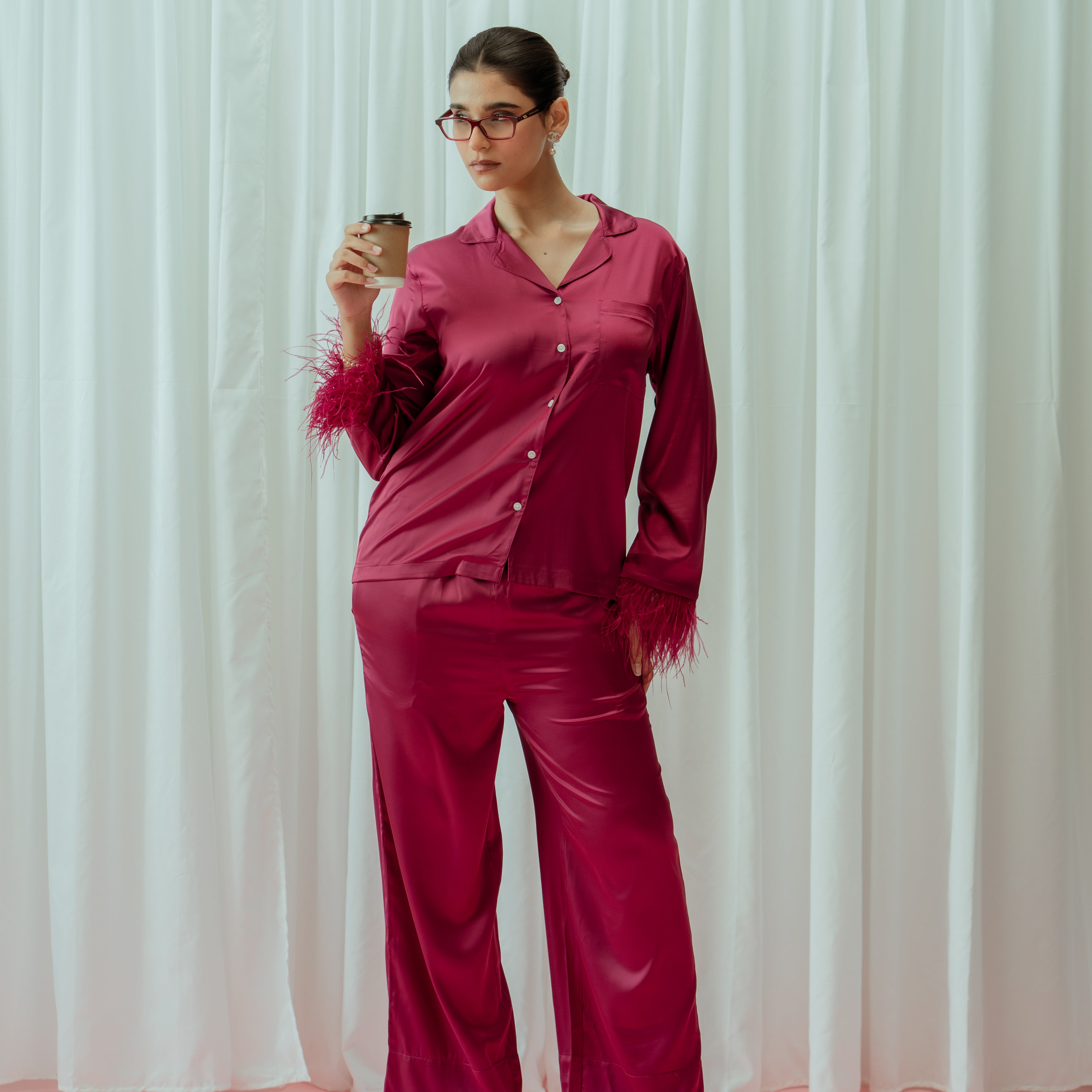 Green Feather Glazed Satin Long Pajama Set