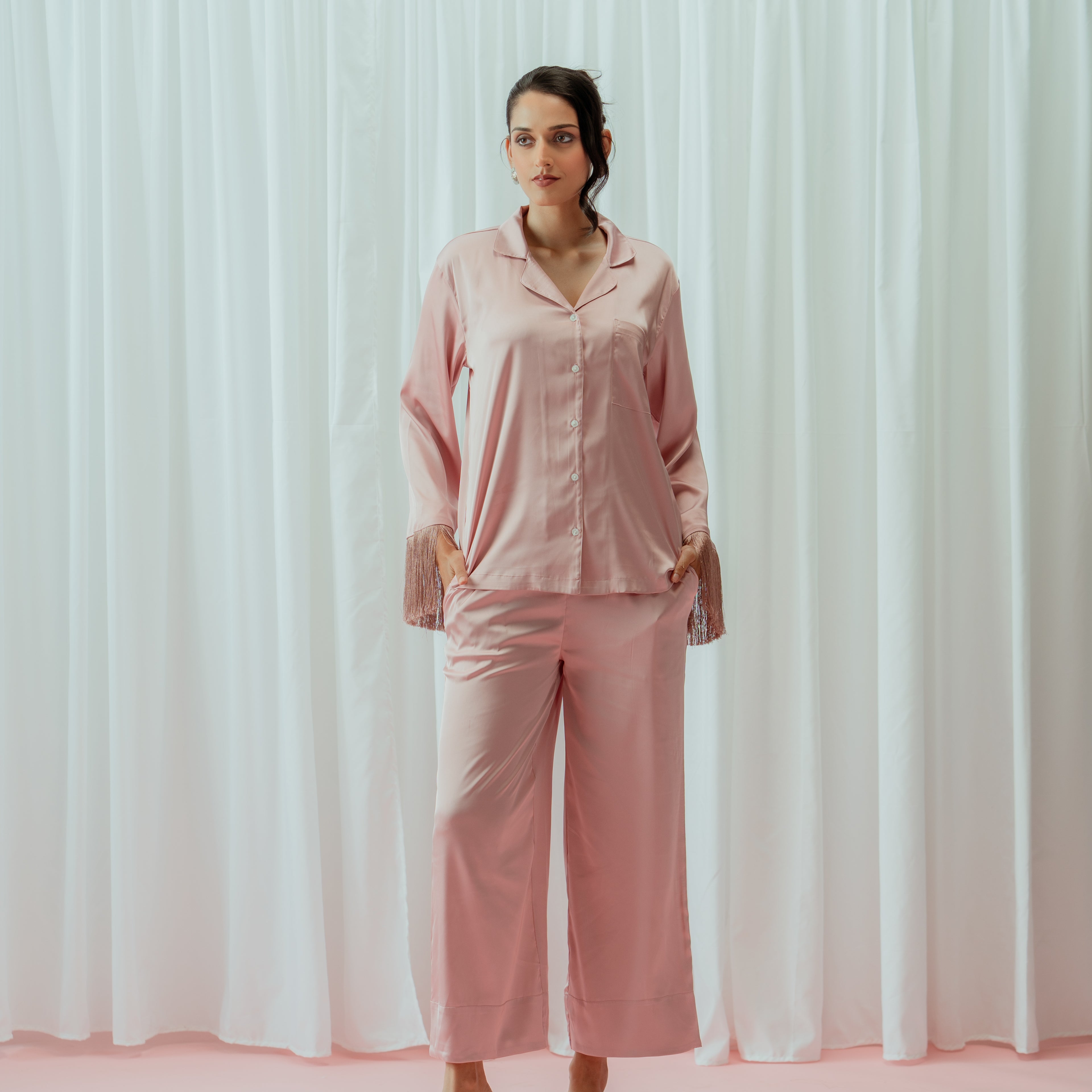 Light Pink Tassels Glazed Satin Long Pajama Set