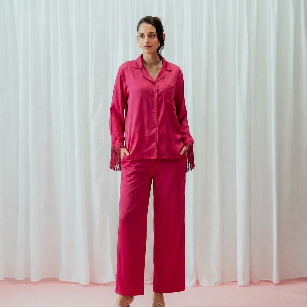 Light Pink Tassels Glazed Satin Long Pajama Set