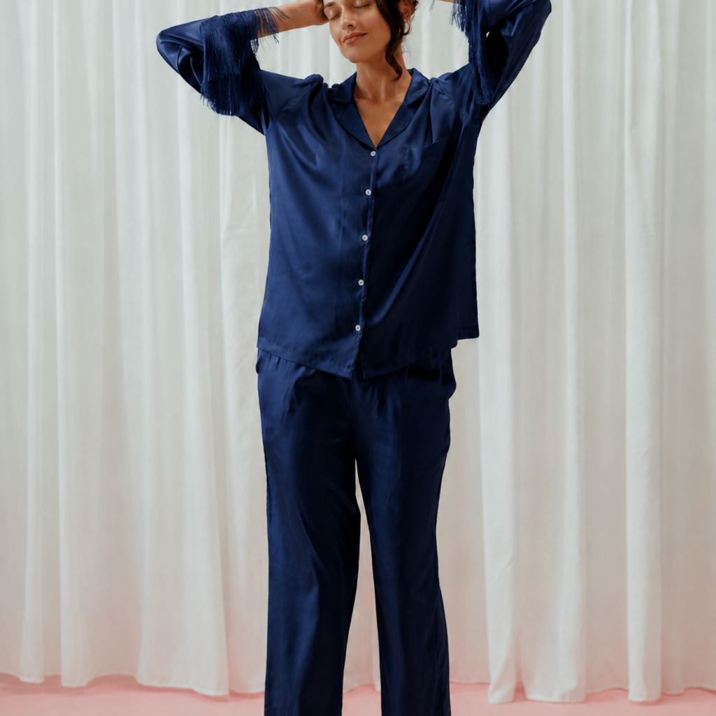 Light Pink Tassels Glazed Satin Long Pajama Set