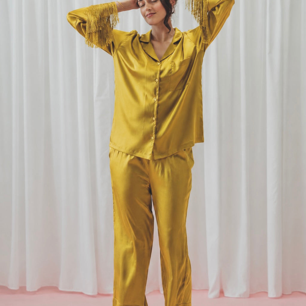 Light Pink Tassels Glazed Satin Long Pajama Set