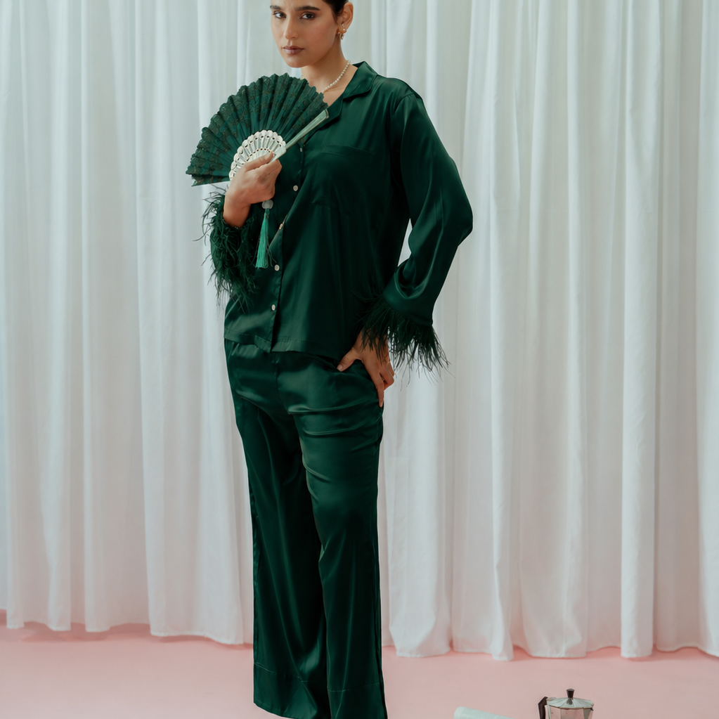 Green Feather Glazed Satin Long Pajama Set