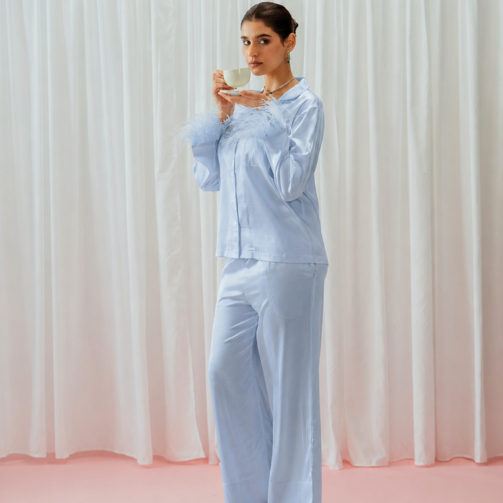 Green Feather Glazed Satin Long Pajama Set