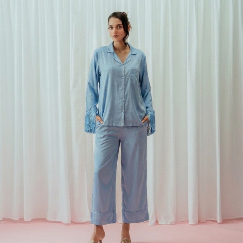 Light Pink Tassels Glazed Satin Long Pajama Set