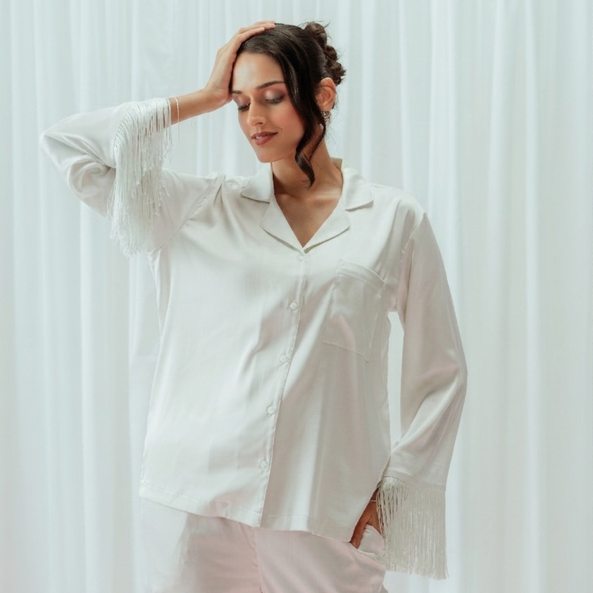 Light Pink Tassels Glazed Satin Long Pajama Set