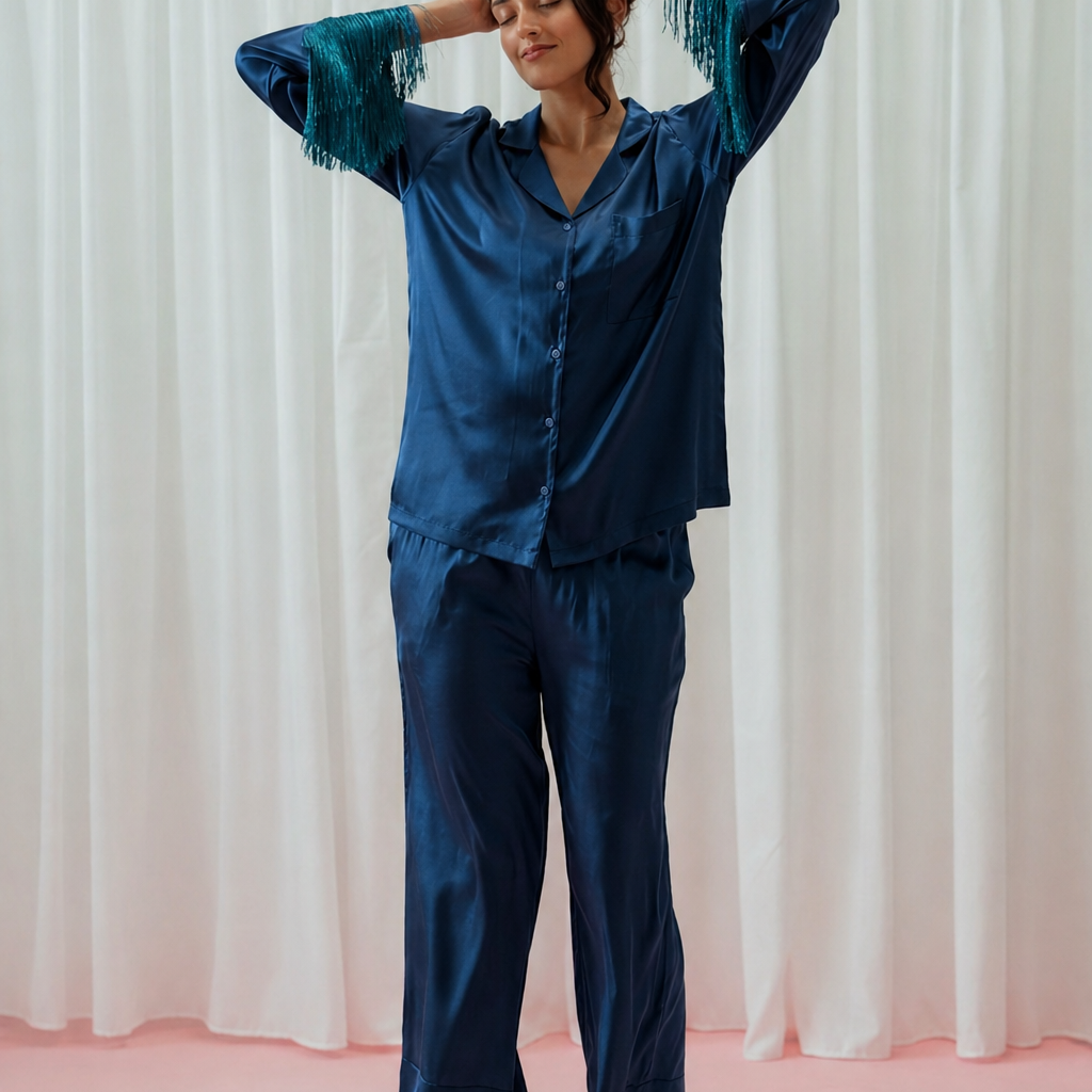 Light Pink Tassels Glazed Satin Long Pajama Set