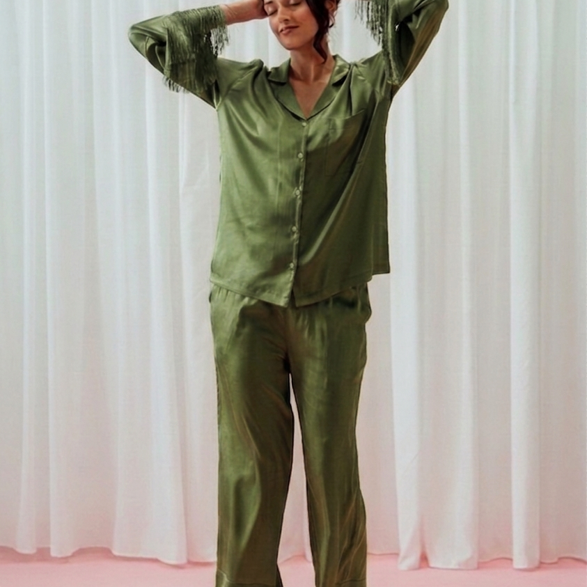Light Pink Tassels Glazed Satin Long Pajama Set