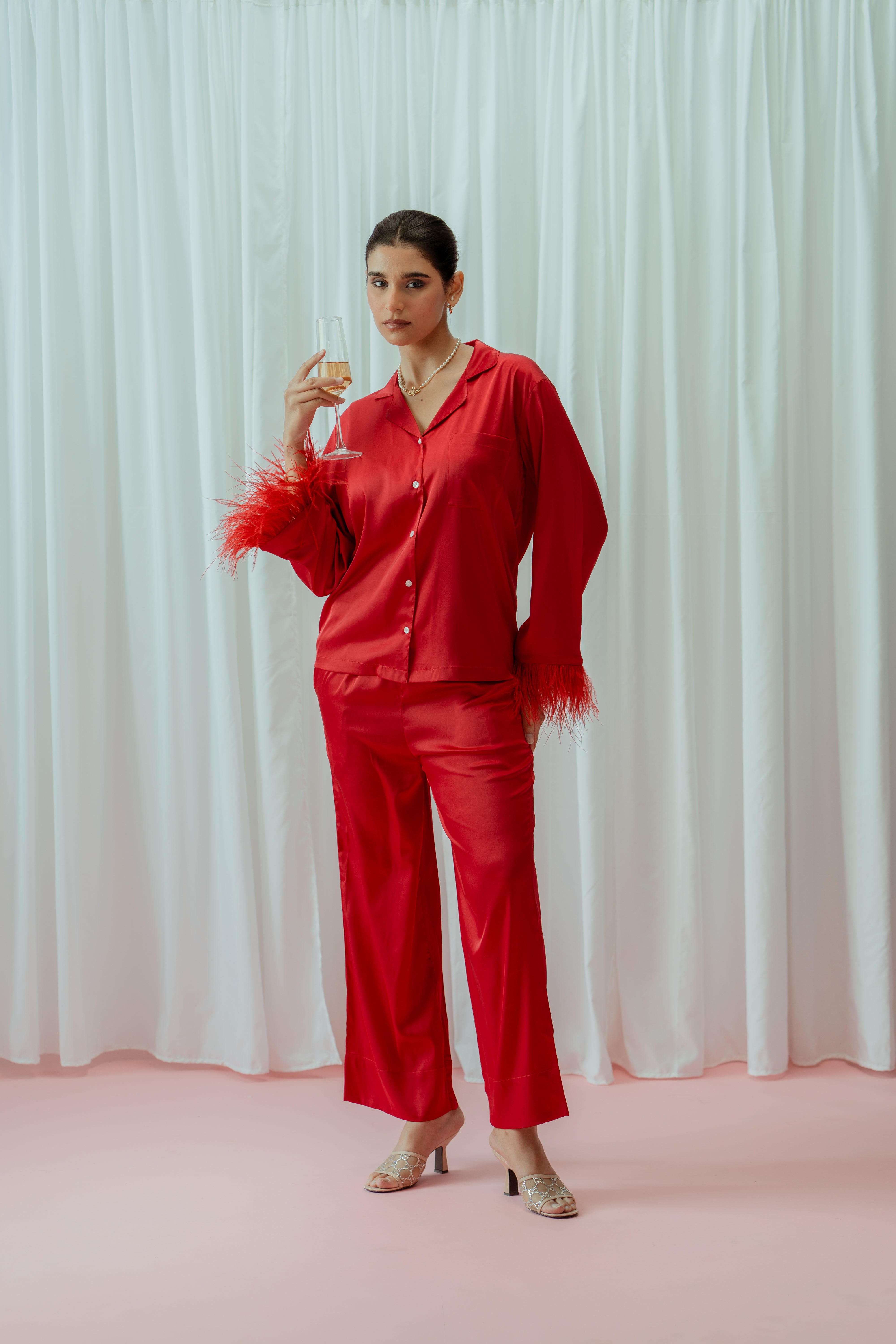 Light Champagne Feather Glazed Satin Long Pajama Set