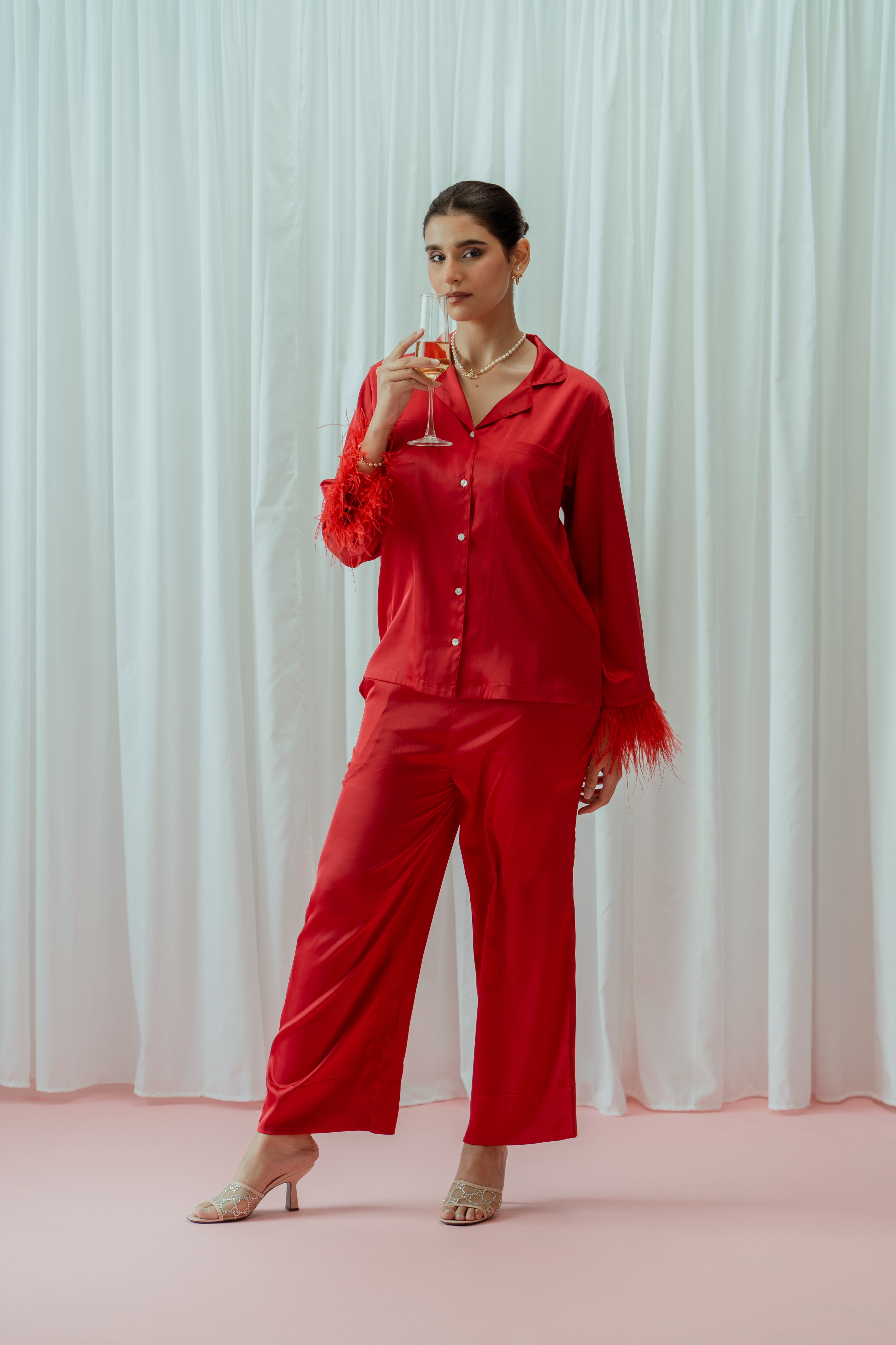 Ruby Red Feather Glazed Satin Long Pajama Set