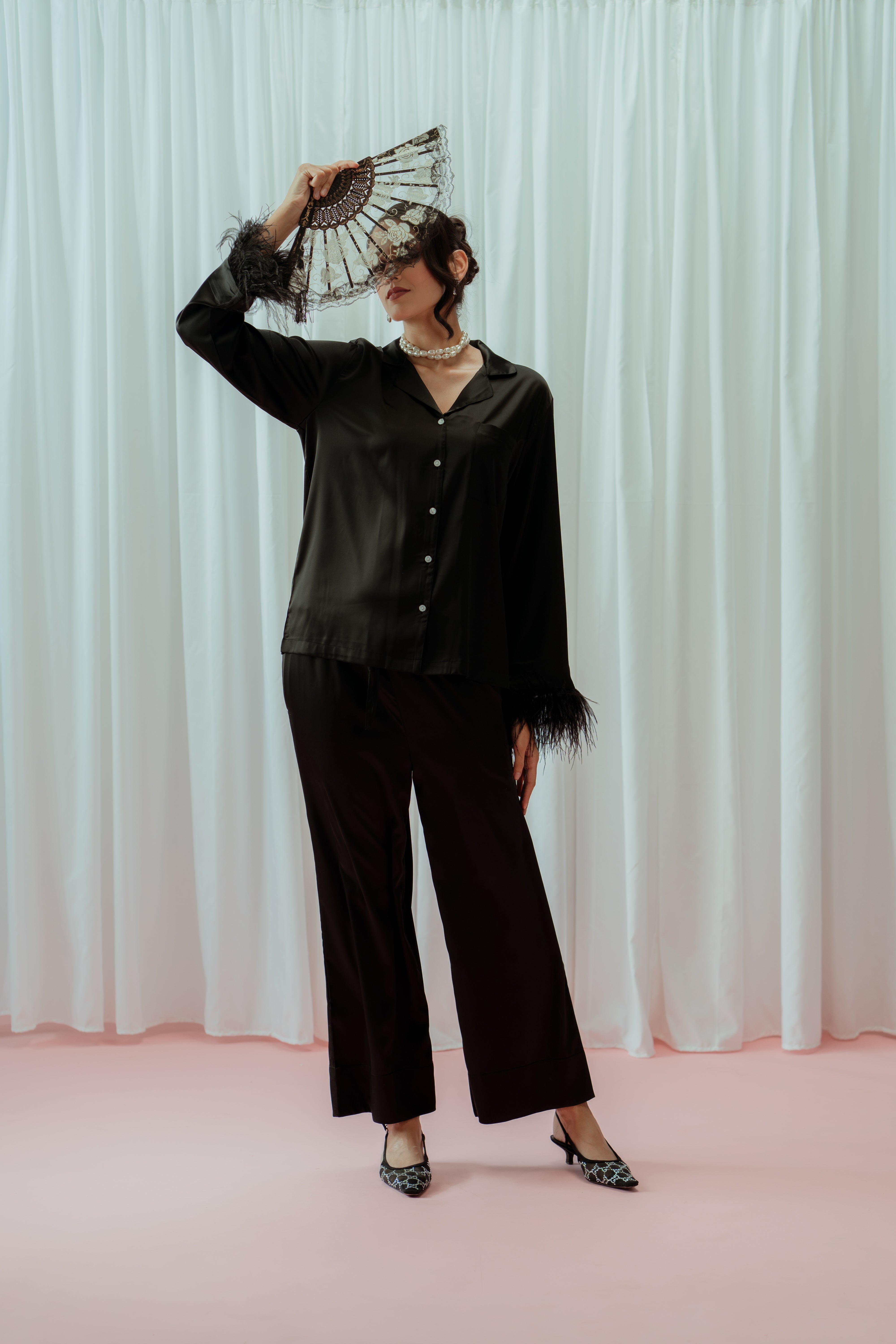 Light Champagne Feather Glazed Satin Long Pajama Set