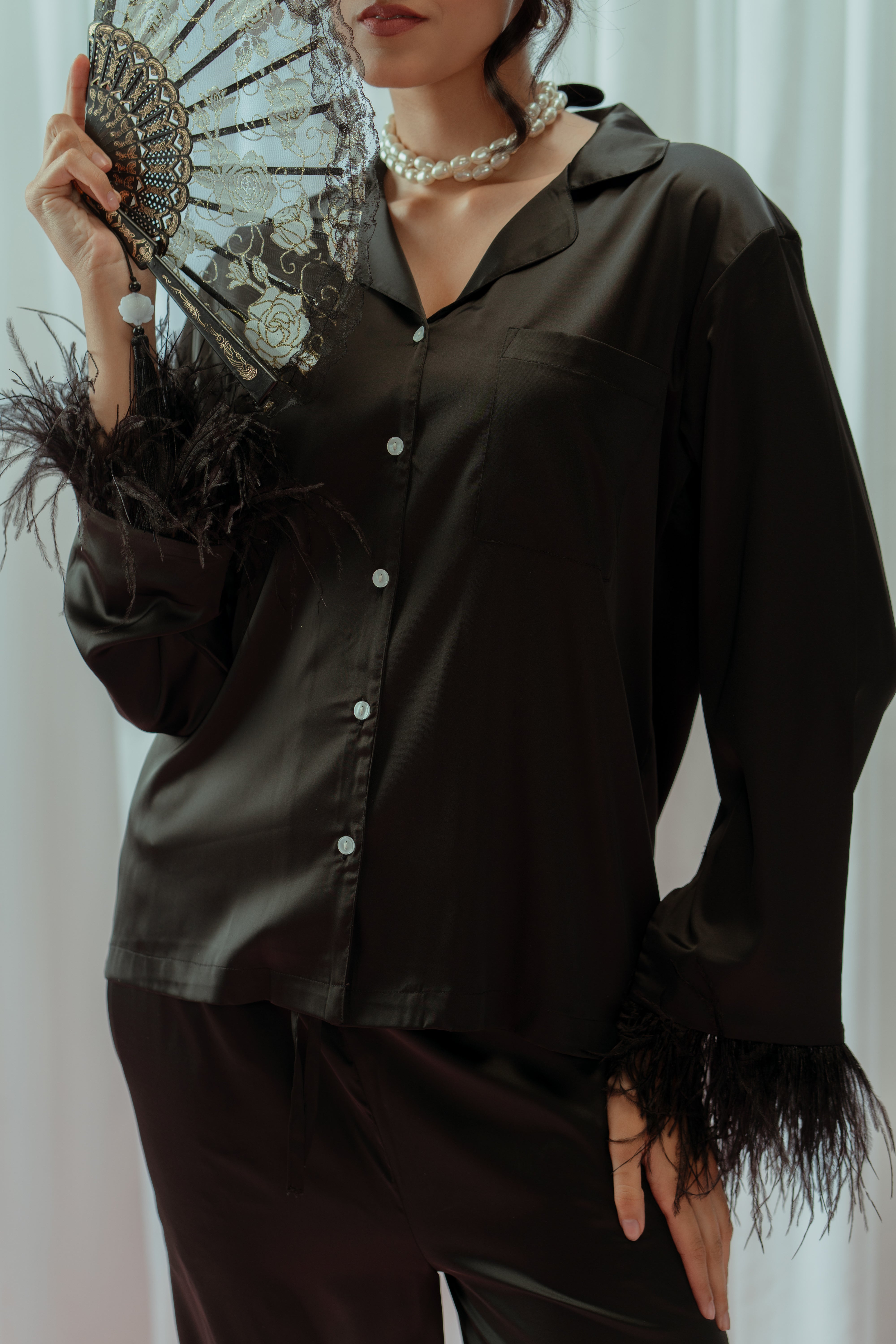 Black Feather Glazed Satin Long Pajama Set