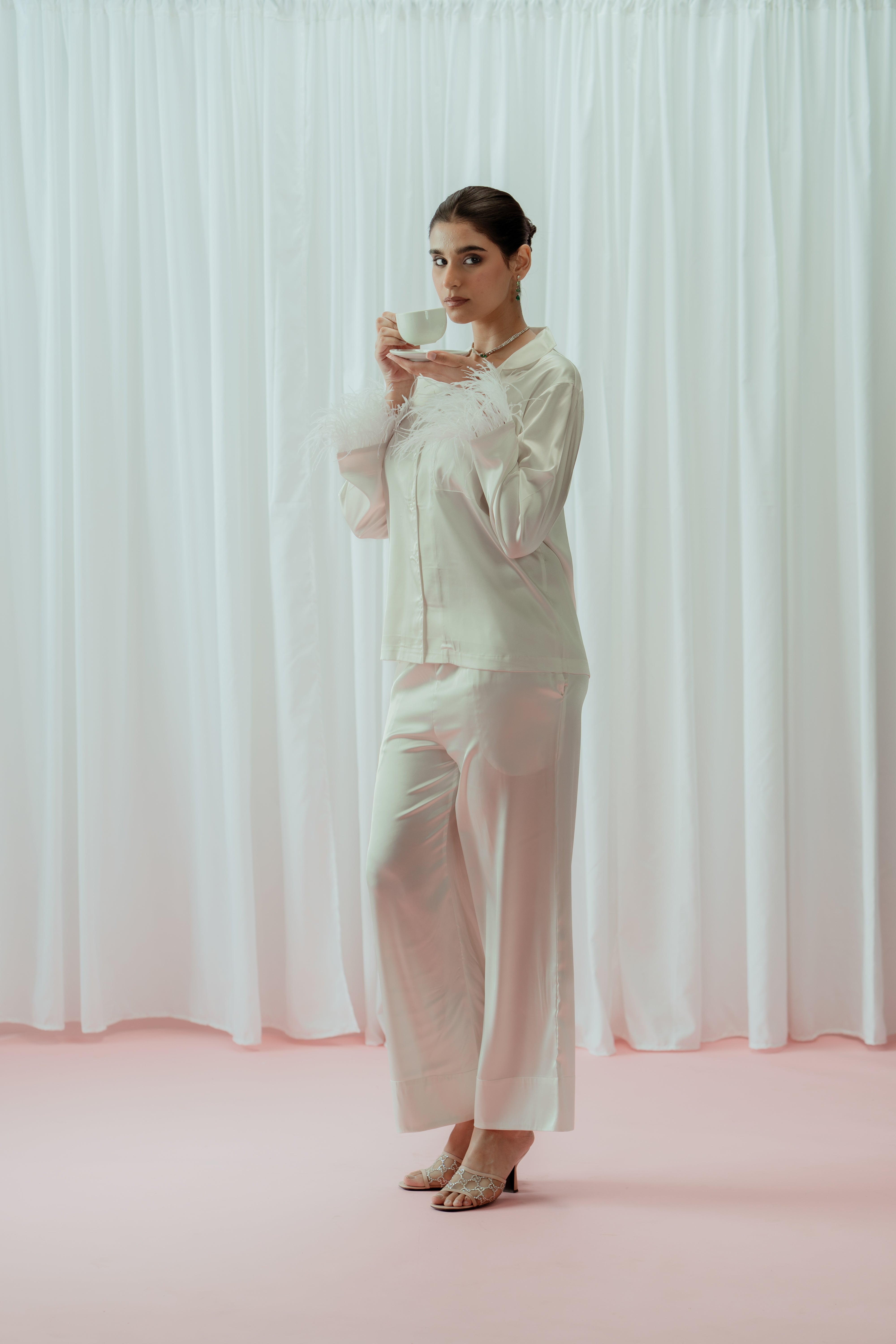 Light Champagne Feather Glazed Satin Long Pajama Set