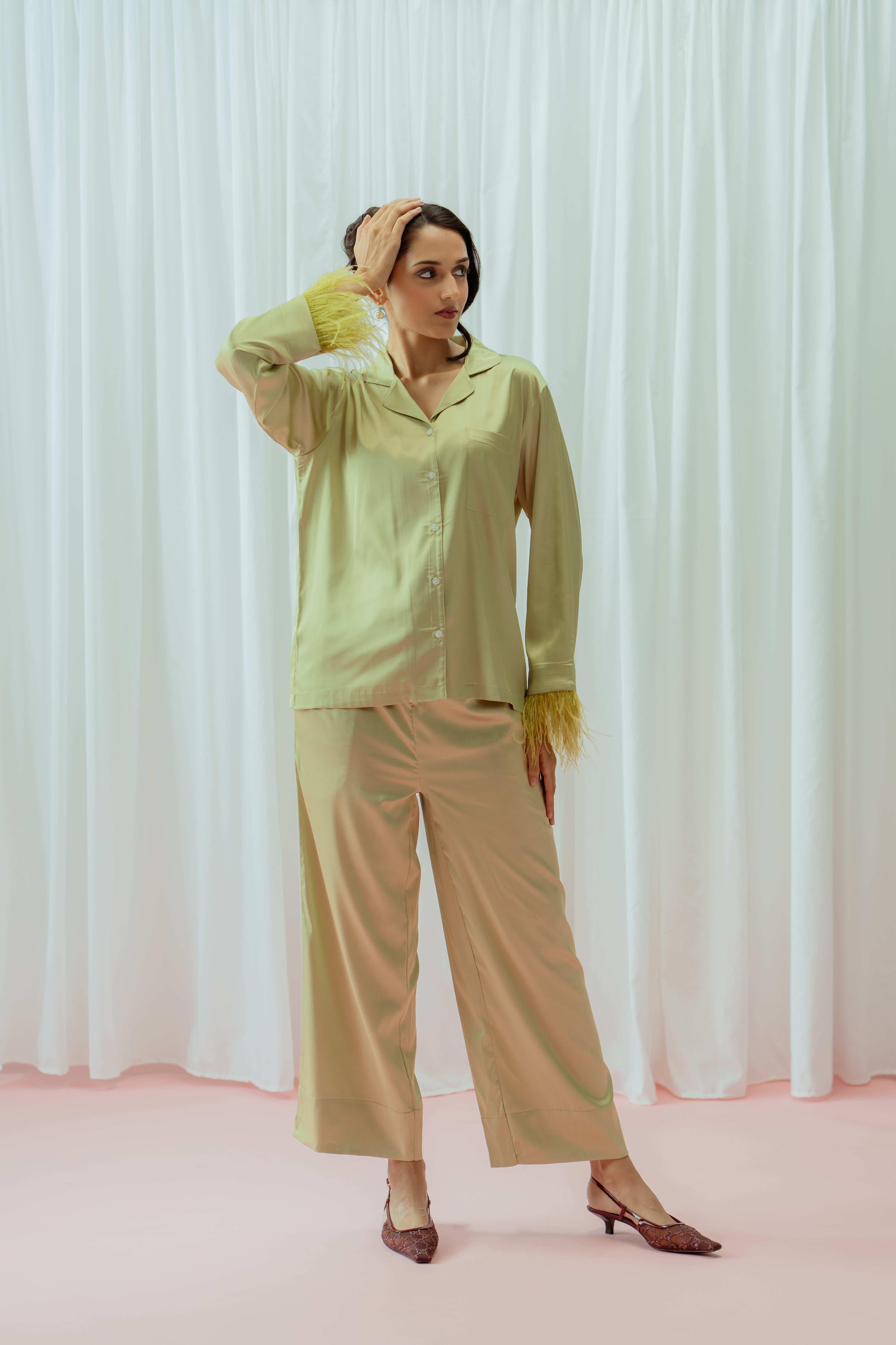 Light Champagne Feather Glazed Satin Long Pajama Set