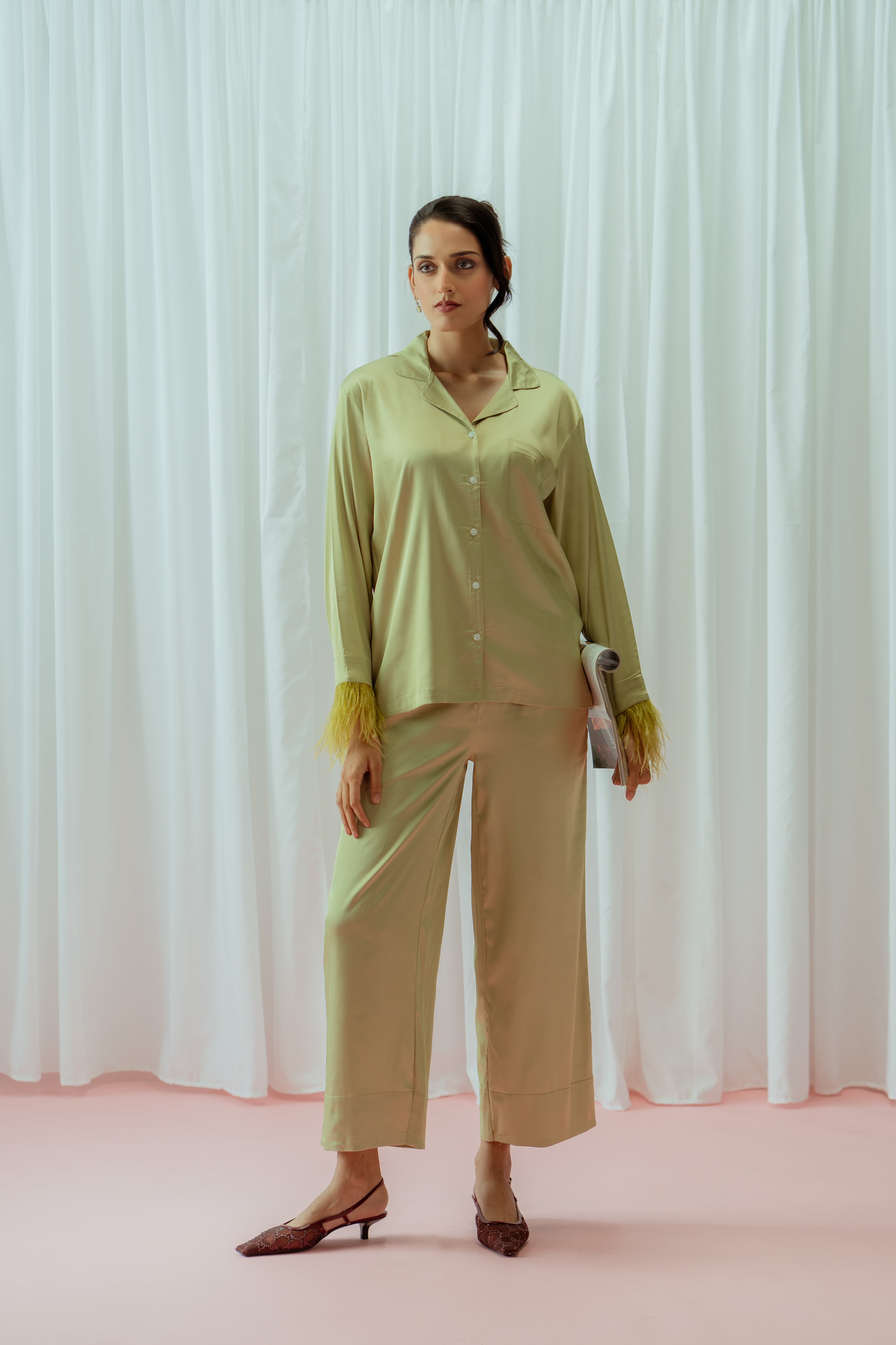 Pista Green Feather Glazed Satin Long Pajama Set