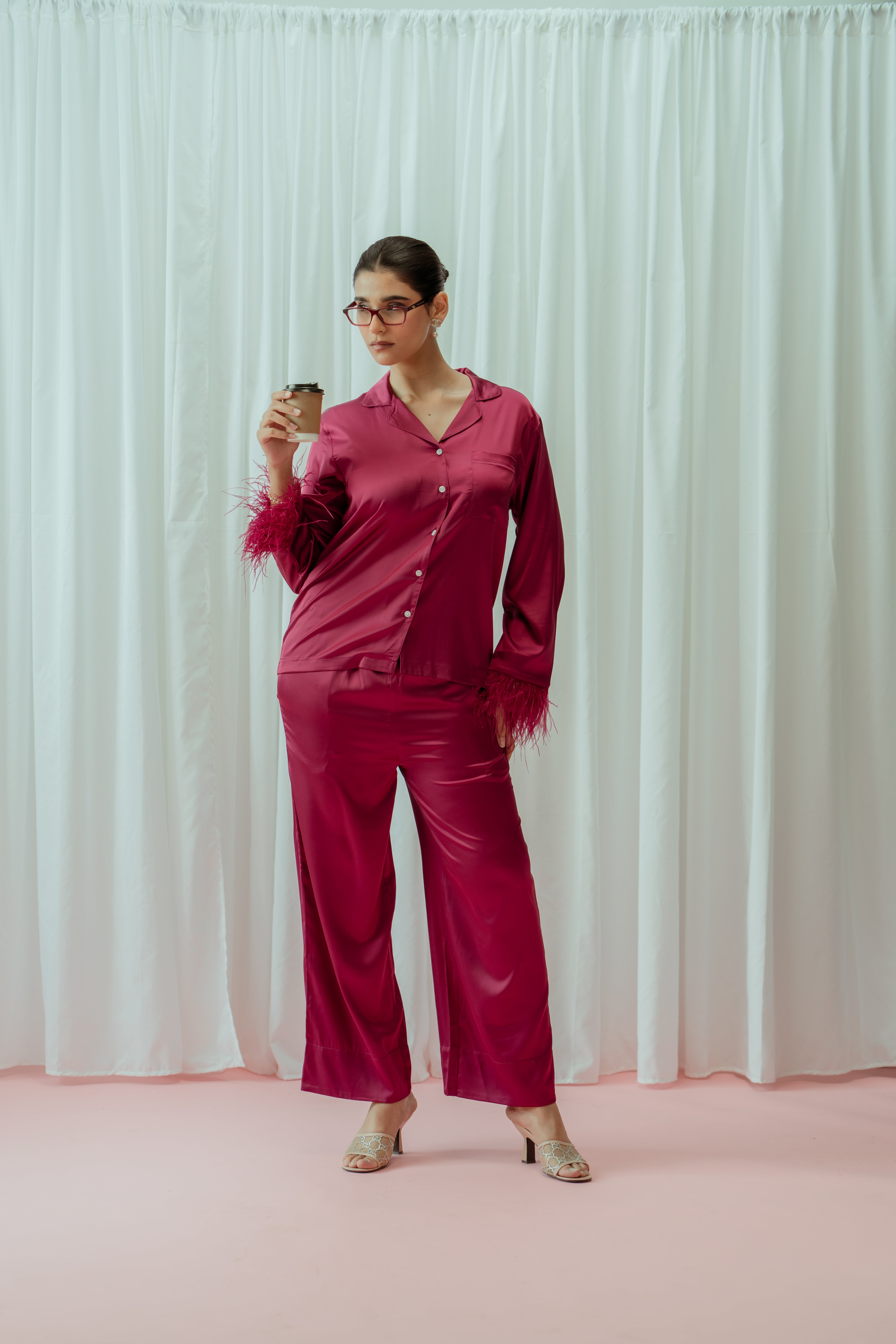 Light Champagne Feather Glazed Satin Long Pajama Set