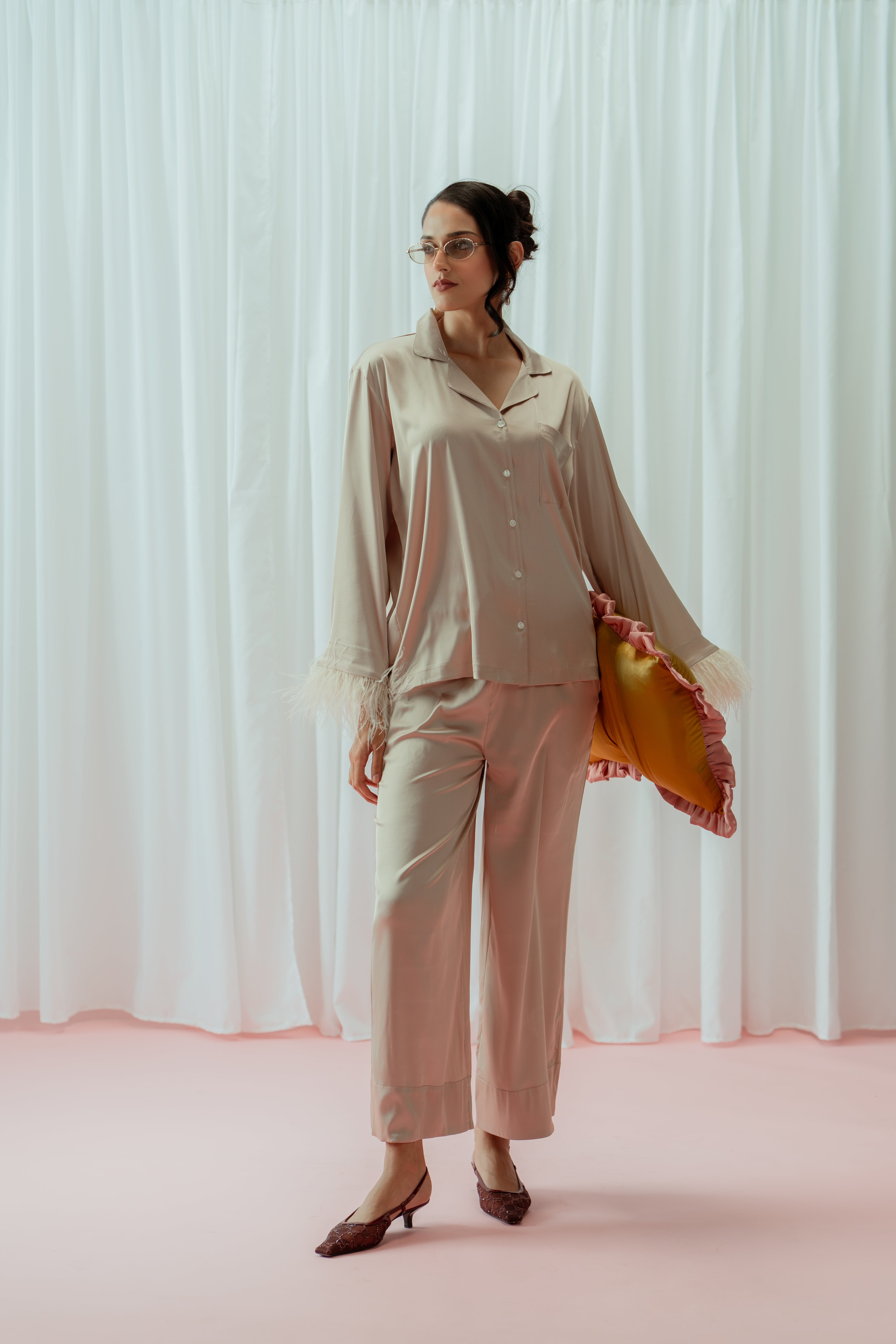 Light Champagne Feather Glazed Satin Long Pajama Set