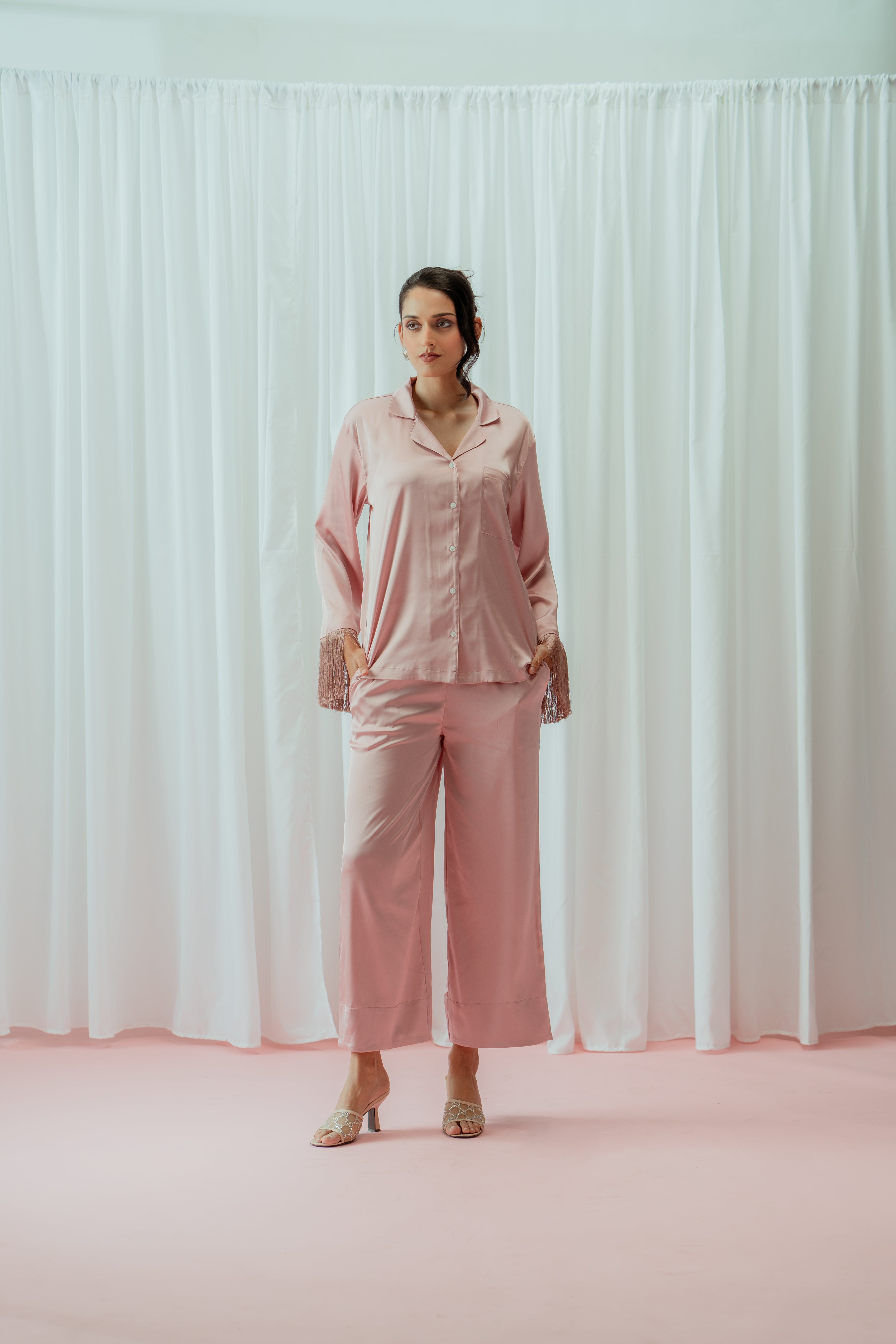 Light Pink Tassels Glazed Satin Long Pajama Set