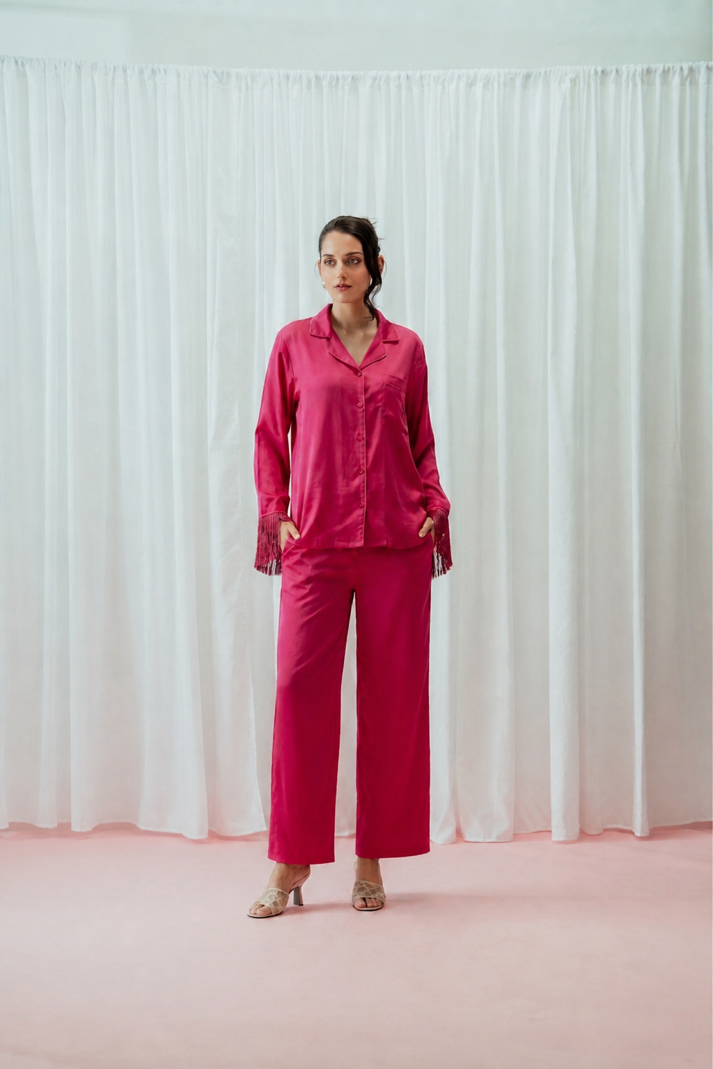 Light Pink Tassels Glazed Satin Long Pajama Set