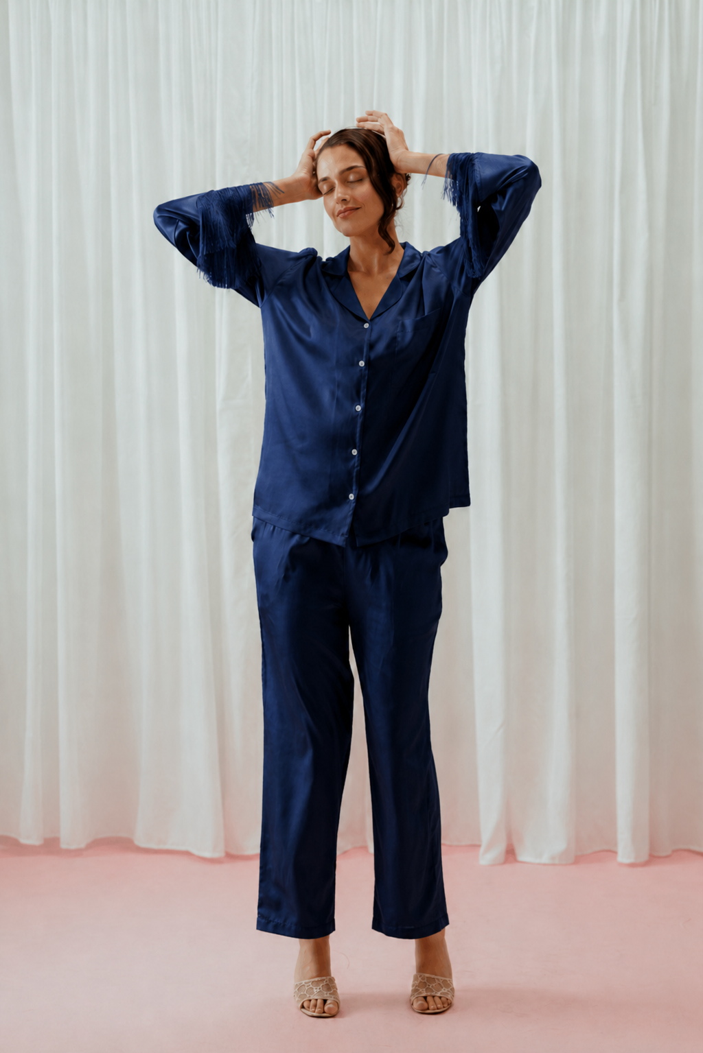 Light Pink Tassels Glazed Satin Long Pajama Set
