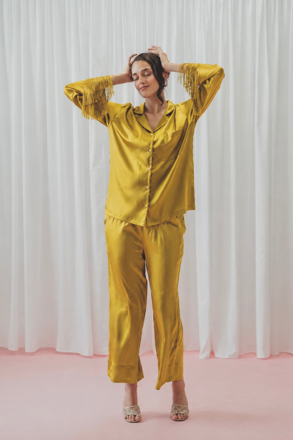 Light Pink Tassels Glazed Satin Long Pajama Set
