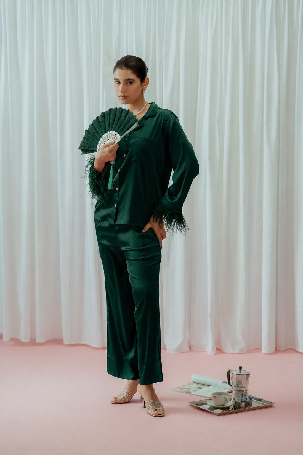 Light Champagne Feather Glazed Satin Long Pajama Set