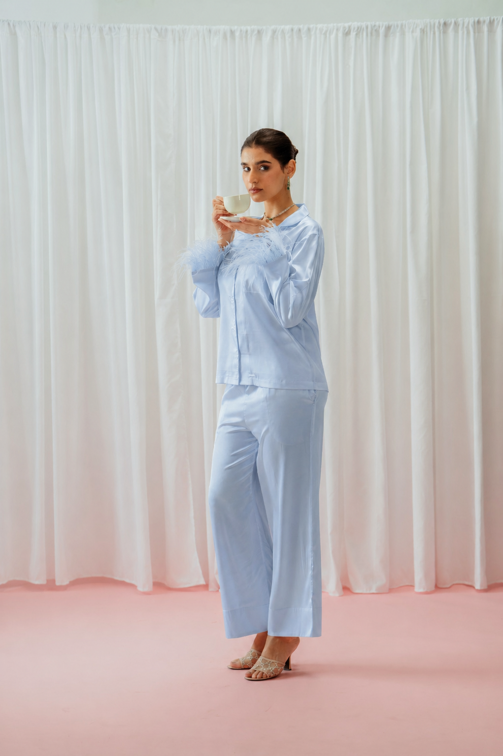 Light Champagne Feather Glazed Satin Long Pajama Set