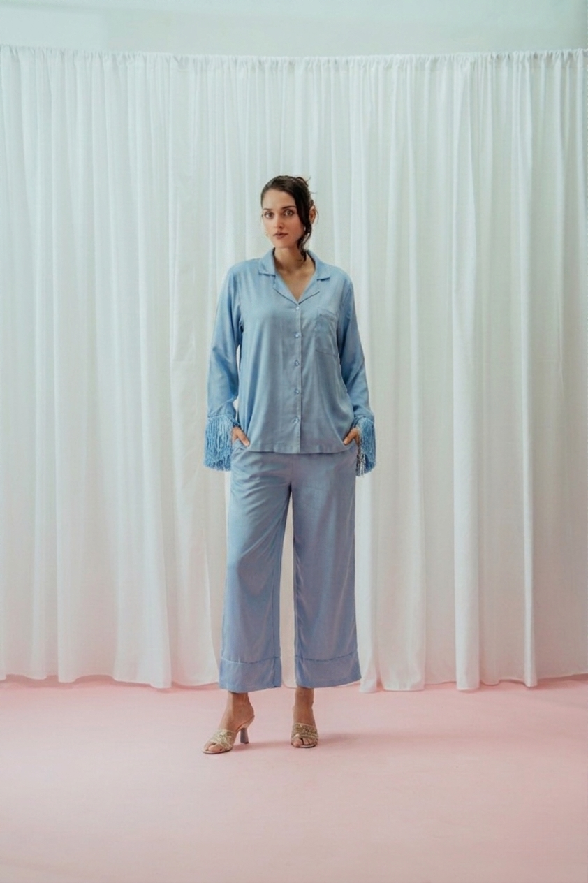 Light Pink Tassels Glazed Satin Long Pajama Set