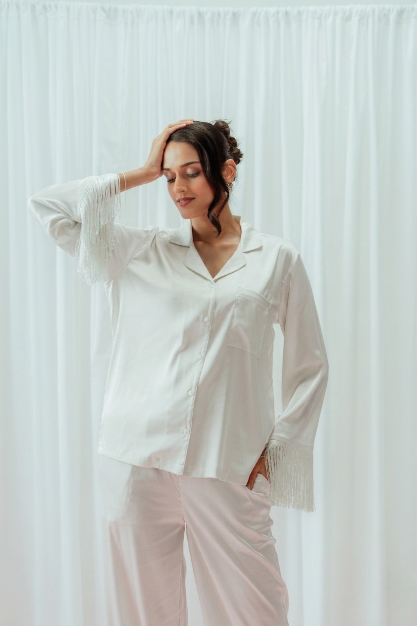 Light Pink Tassels Glazed Satin Long Pajama Set
