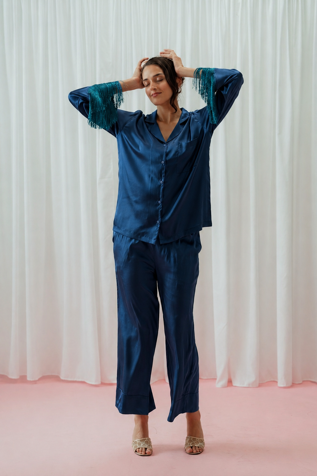 Light Pink Tassels Glazed Satin Long Pajama Set