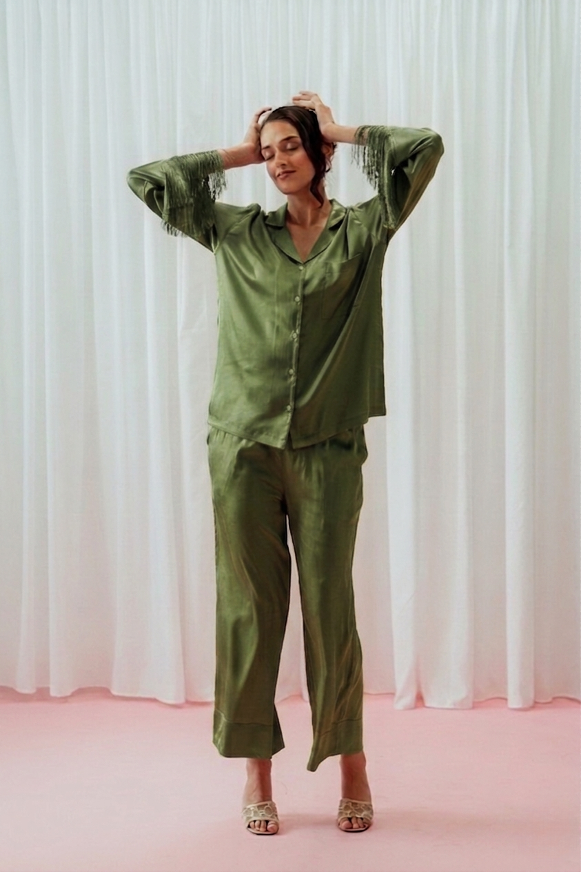 Light Pink Tassels Glazed Satin Long Pajama Set